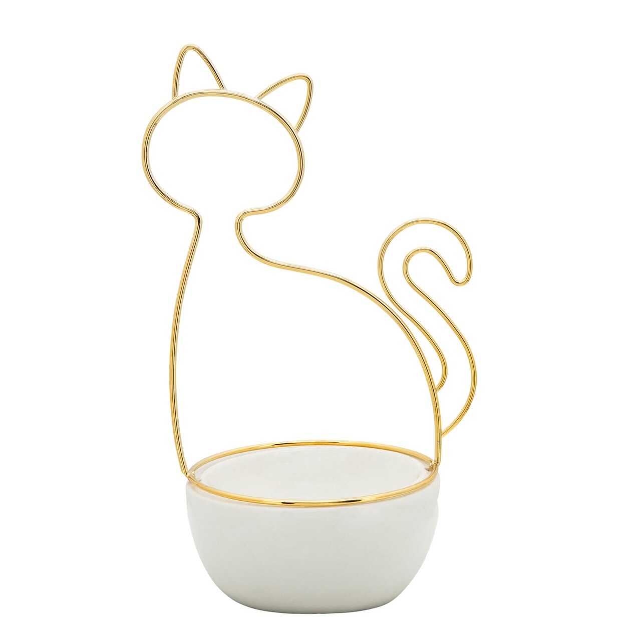 Kingston Living Cat Silhouette Ceramic Trinket Tray - 9.75" - White and Gold